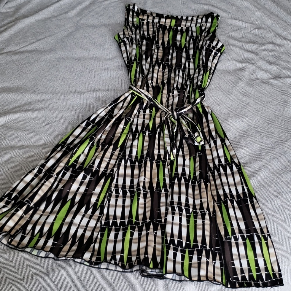 Black, Brown, Tan, and Green Accented Midi Dress